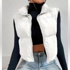 Shiny White Marshmallow Cropped Puffer Vest Zipper Size Extra Small